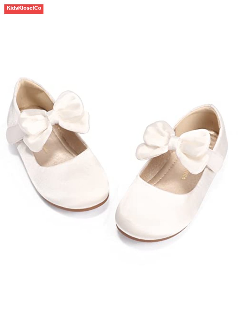 Toddler Girls Mary Jane Ballet Flats With Bow, Hook & Loop Closure, Non-Slip